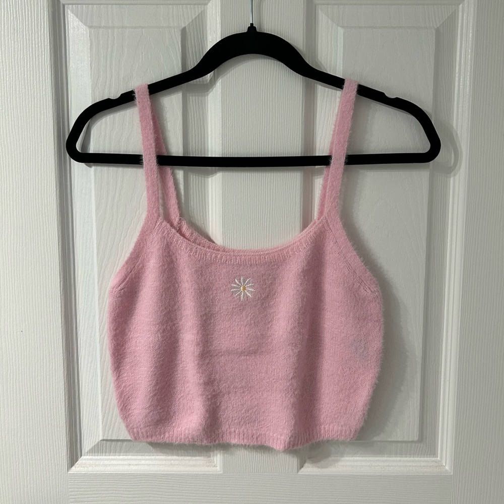 Ardene Pink Cropped Fluffy Embroidered Daisy Graphic Tank Top